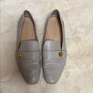 Stuart Weitzman Gray Leather Penny Loafers with Gold Accent
